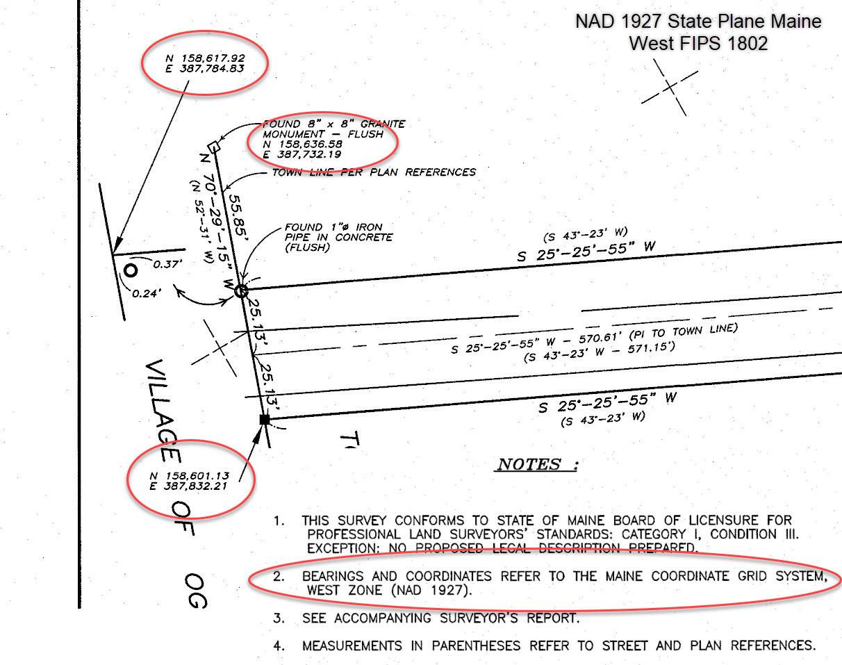 Close-up of survey monuments with NAD27 State Plane Maine West coordinates circled in red